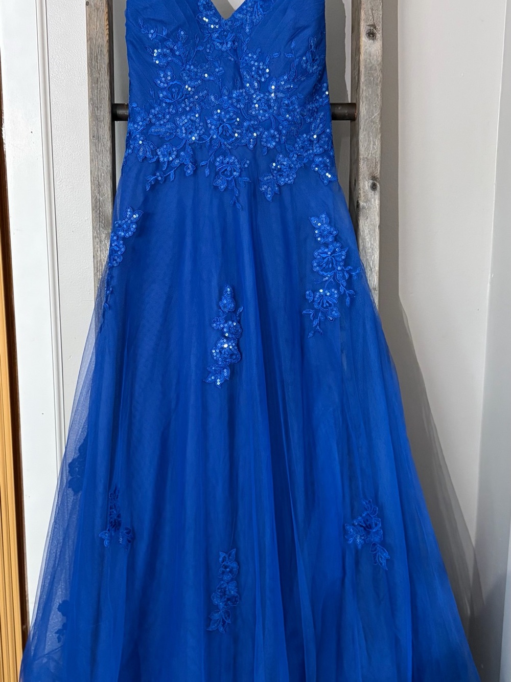 JJs House Royal Blue Tulle Floral Appliqué Gown
